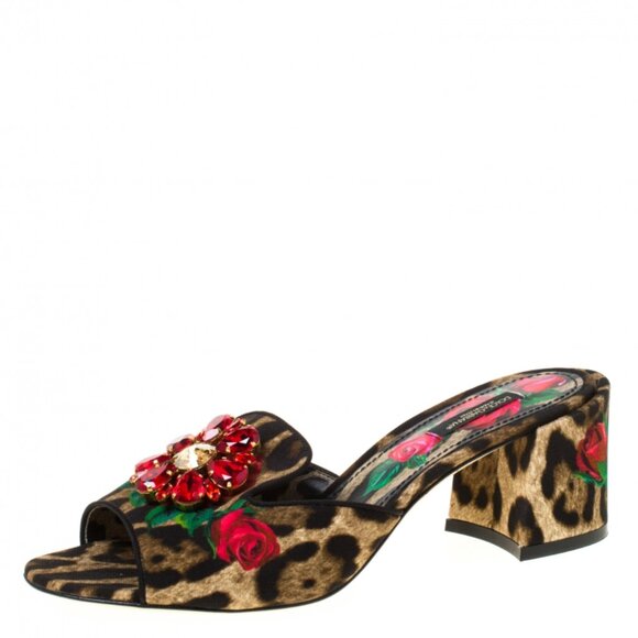 Dolce & Gabbana Leopard Print Floral Rose Crystal Embellished Slip On Sandals - Picture 1 of 6